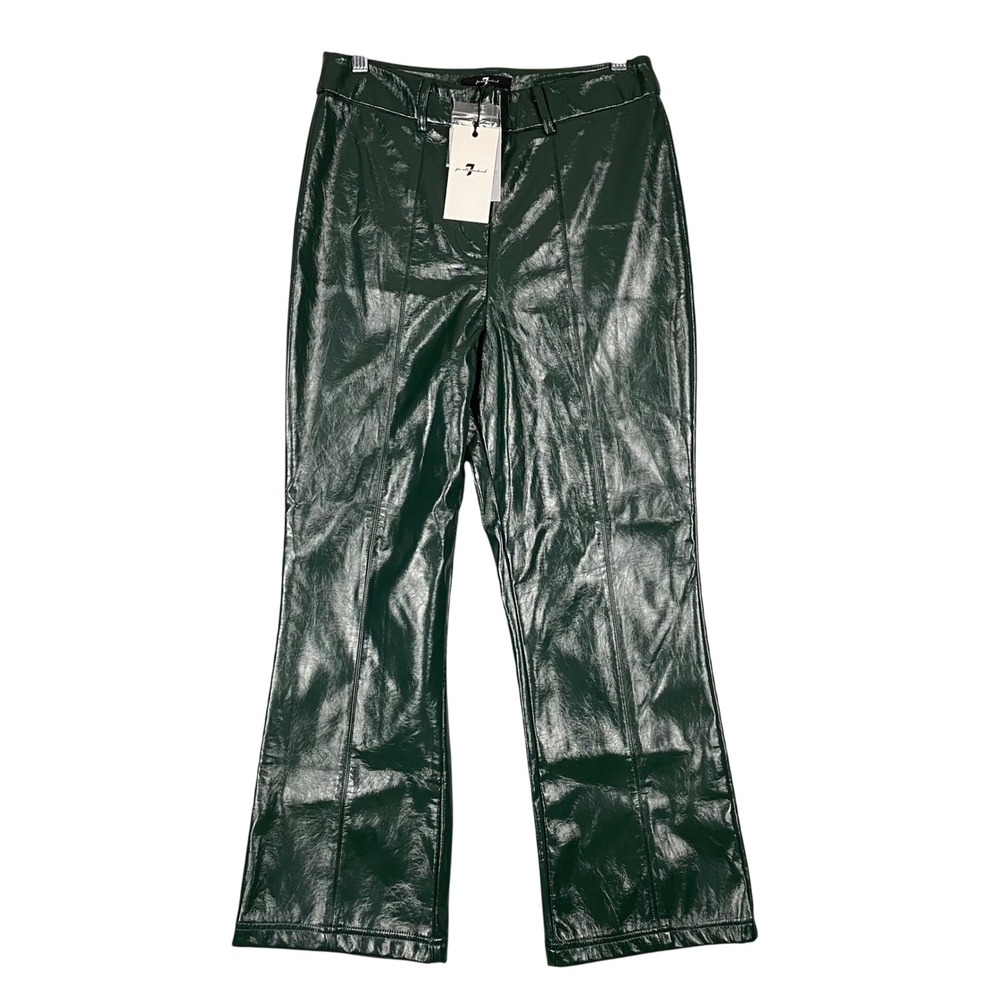 7 For All Mankind High Rise Shiny Faux Leather Flare Pant Women M Dark Green NWT - Picture 2 of 13